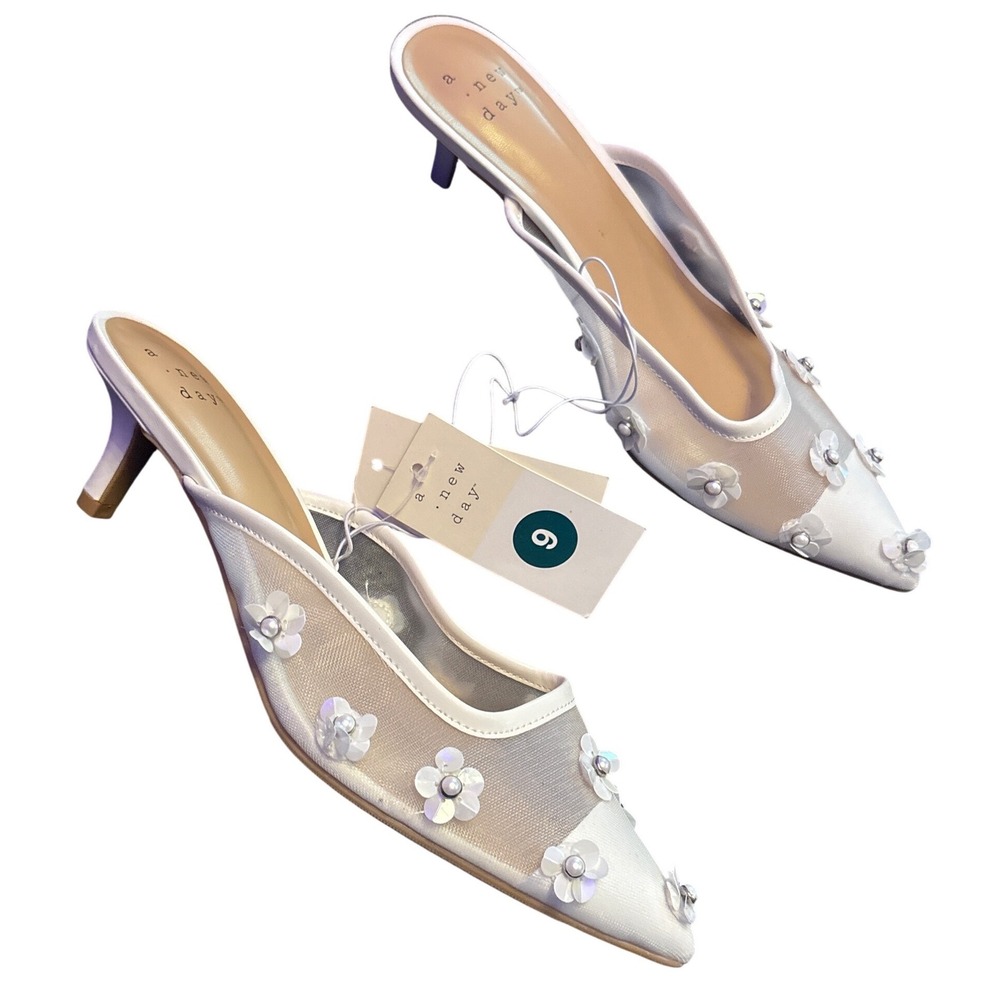 NEW A New Day Delilah White Mesh Floral Pointed Toe Mule Kitten Heels 9